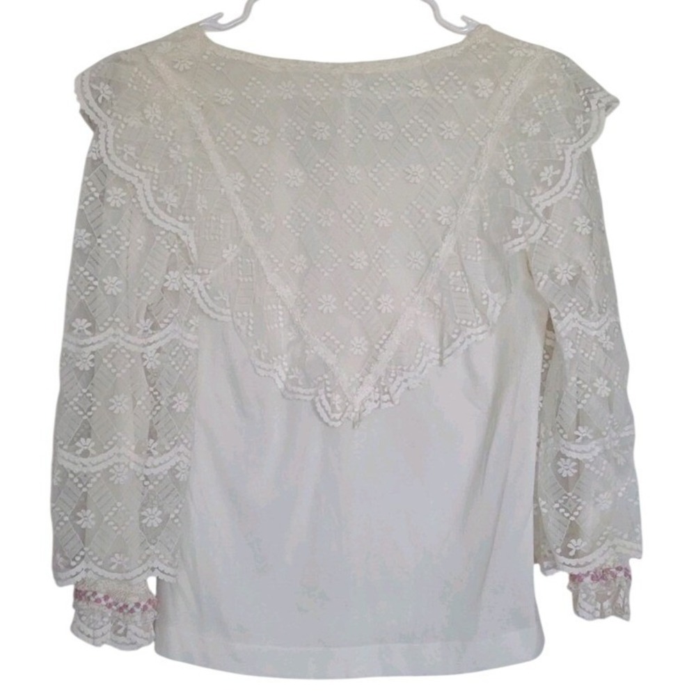 Vintage Victorian Lace Blouse White Ruffle V-Yoke Boho Coquette Romantic Sz Med - Picture 2 of 8